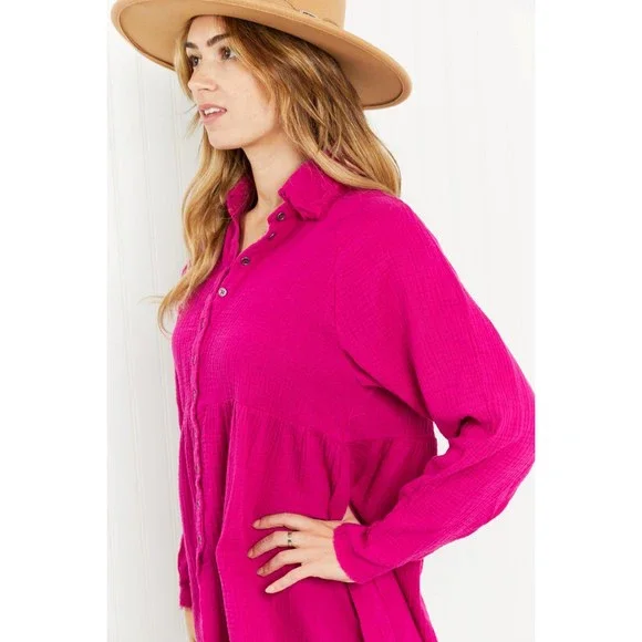 Hazel Blues Bright and Airy Raw Edge Peplum Shirt with Pockets - Picture 6 of 7